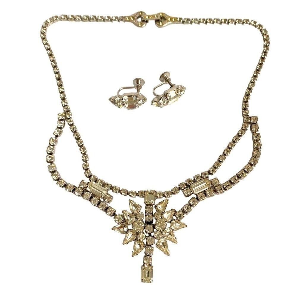 Vintage Rhinestone Necklace & Earrings Set Bogoff Formal Cocktail Choker 50s 60s